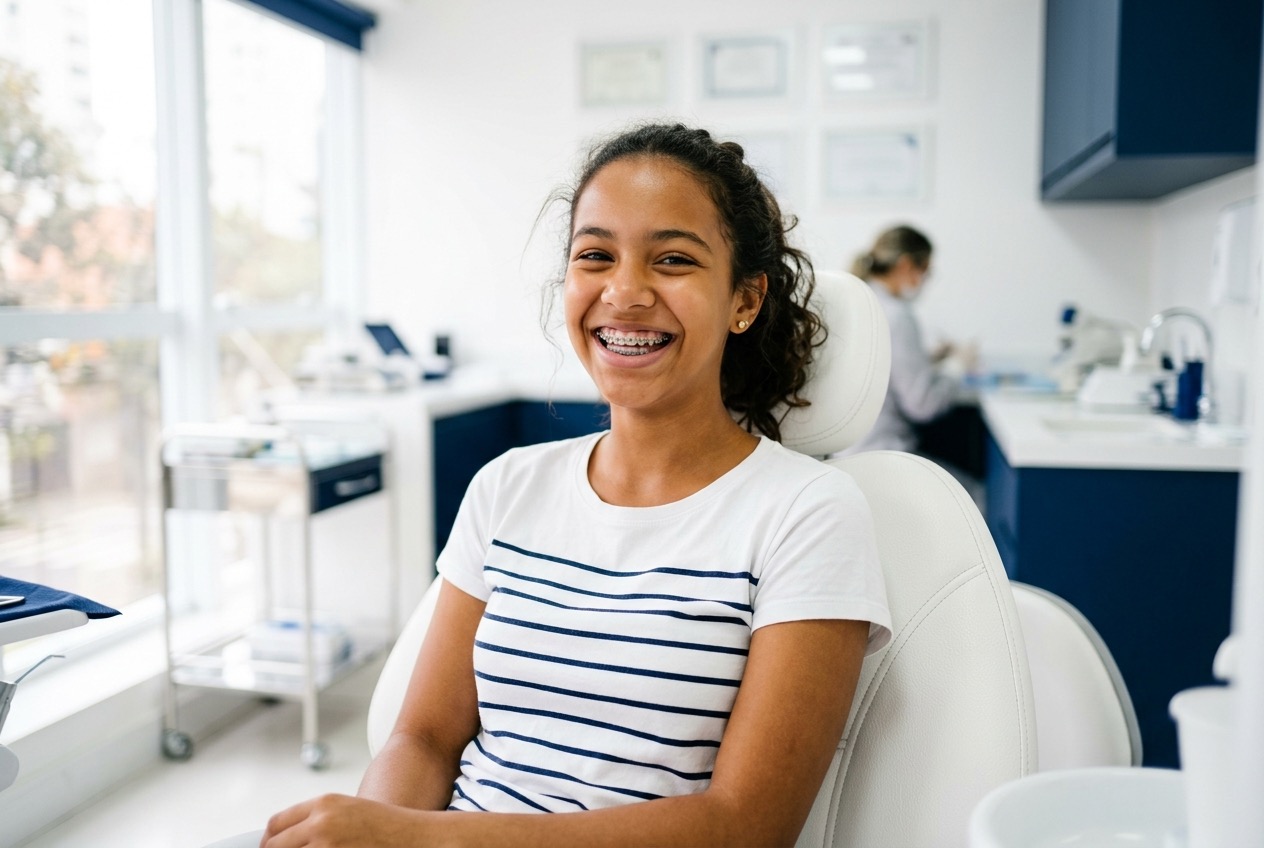 Adolescente sorrindo com aparelho ortodôntico em clínica odontológica moderna