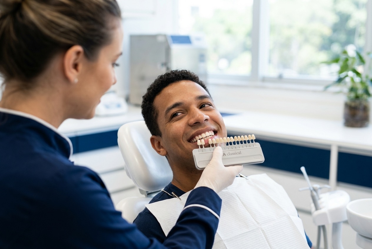 Dentista comparando a escala de cores com os dentes do paciente para restauração estética